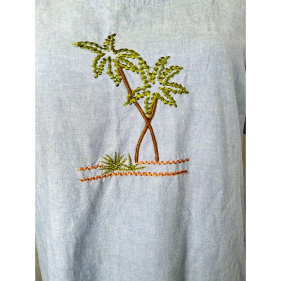 Vintage Embroidered Tropical Palm Short Sleeve Denim Blue J. Shift Dress Size M - Picture 6 of 12